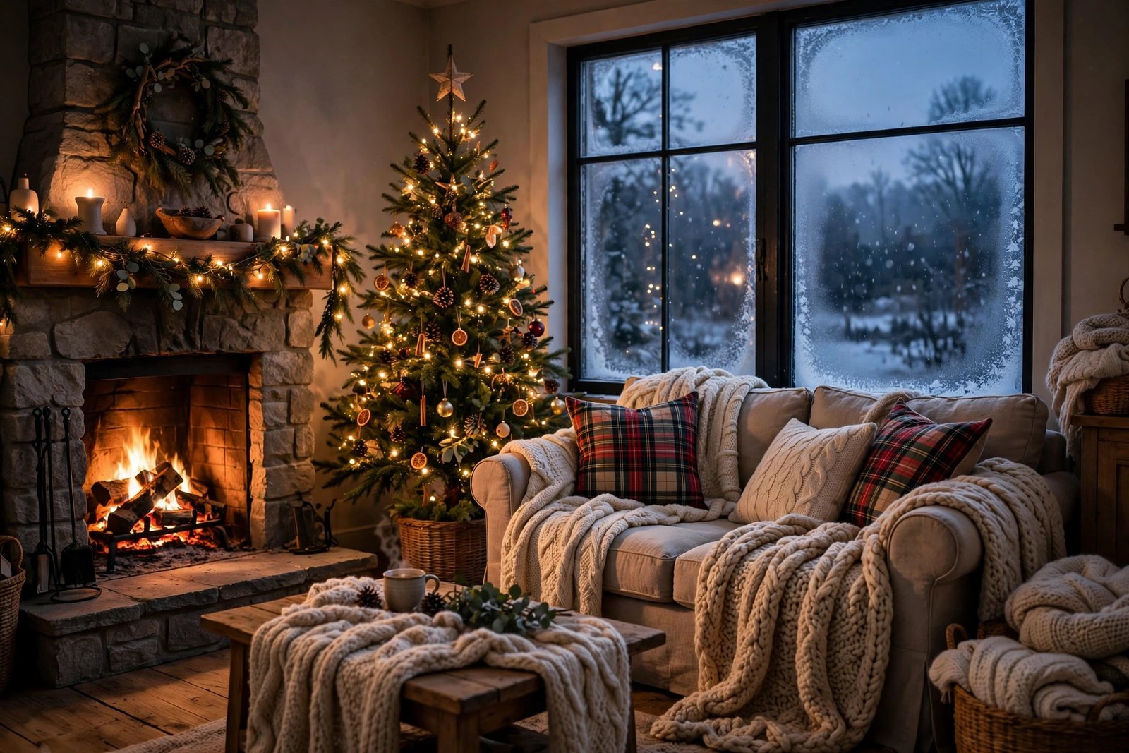 Photorealistic cozy winter living room with warm lighting, soft blankets on a sofa, glowing lamps, a fireplace glow, and a wall thermostat, no text in image