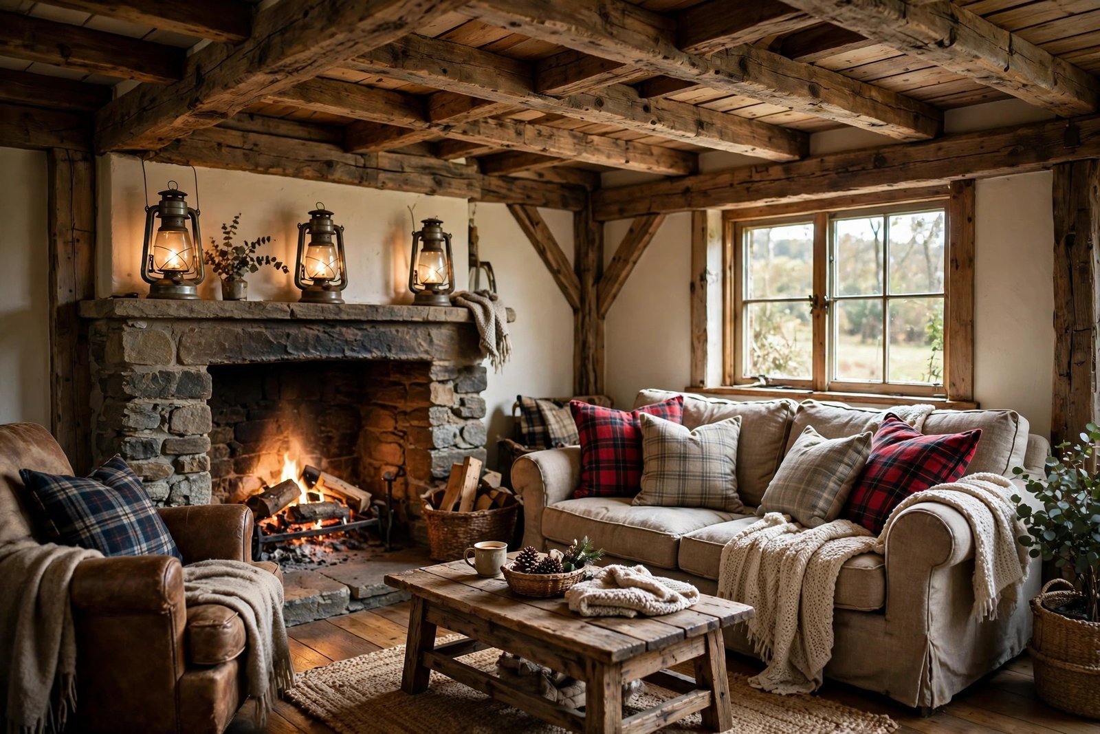 Cozy country-style living room with wooden beams, plaid textiles, vintage accents and warm lighting