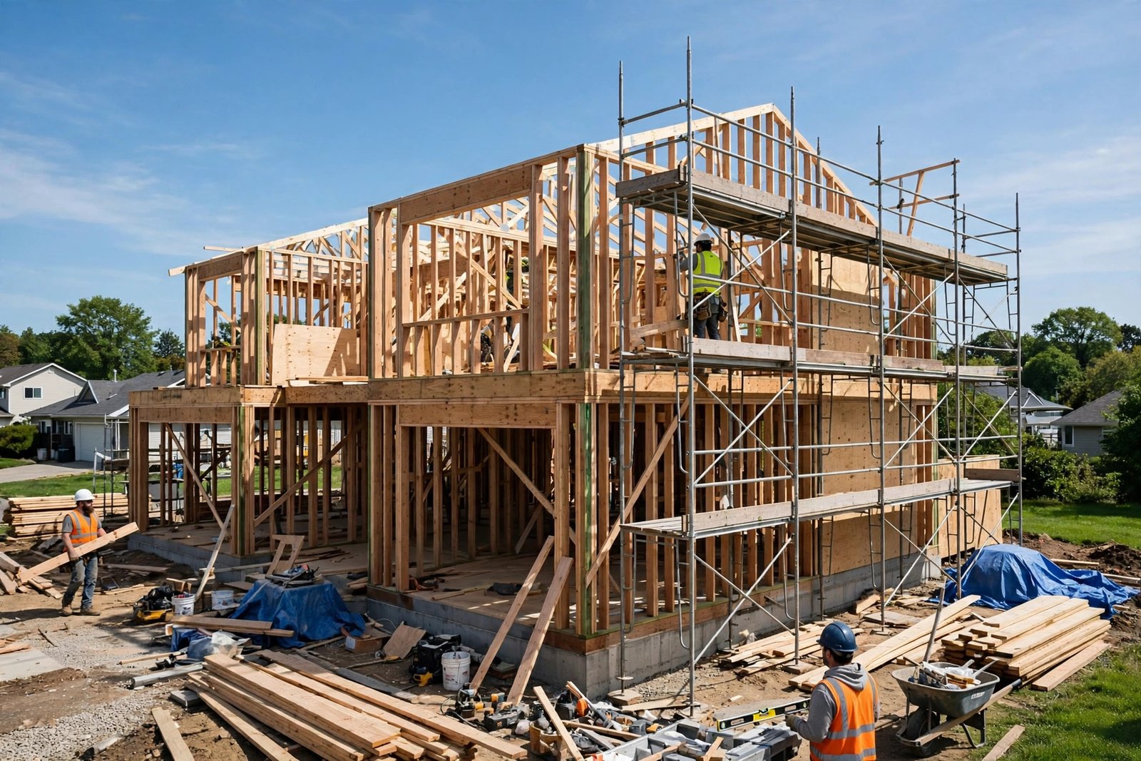 House under construction with wooden framing and scaffolding on a clear day