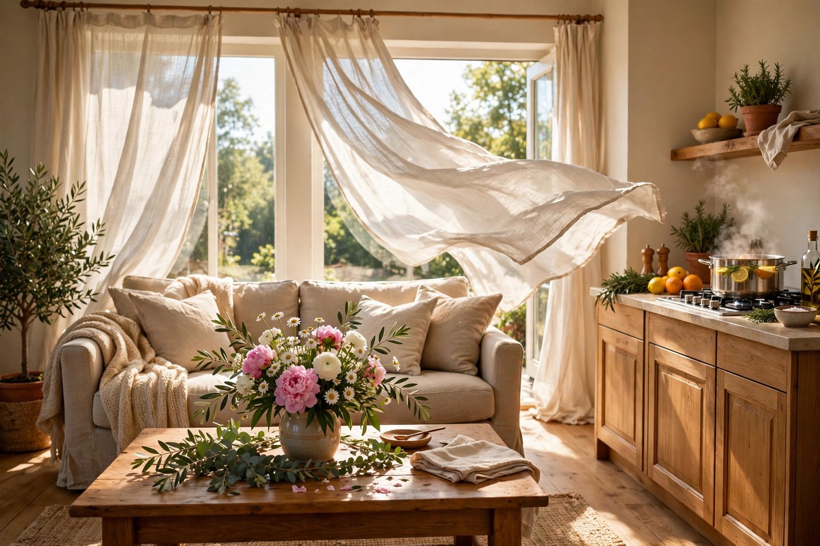 Sunlit cozy living room with fresh flowers on a coffee table, billowing linen curtains, and a simmering pot of citrus and herbs on the stove