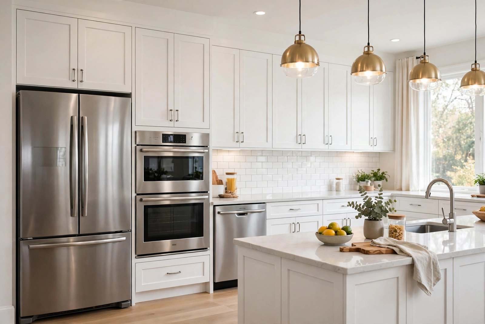 Bright modern kitchen with stainless steel refrigerator, double oven and dishwasher lined along white shaker cabinetry