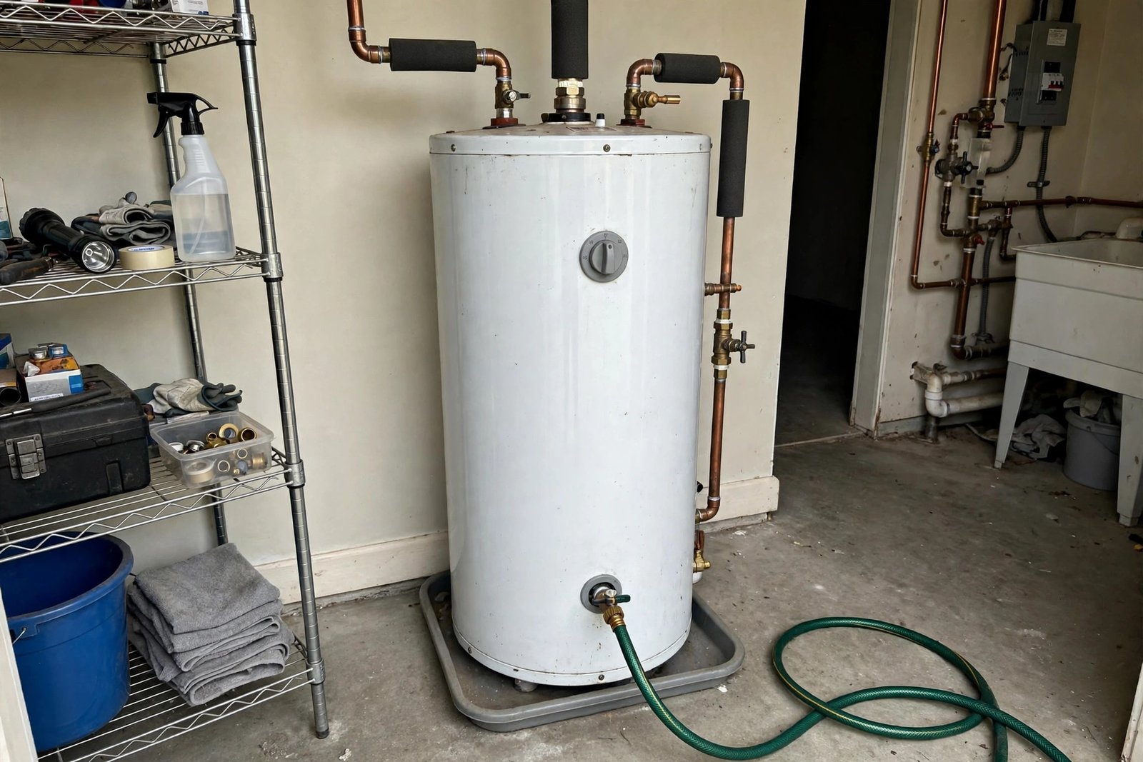 Homeowner draining a water heater with a garden hose into a bucket in a utility room
