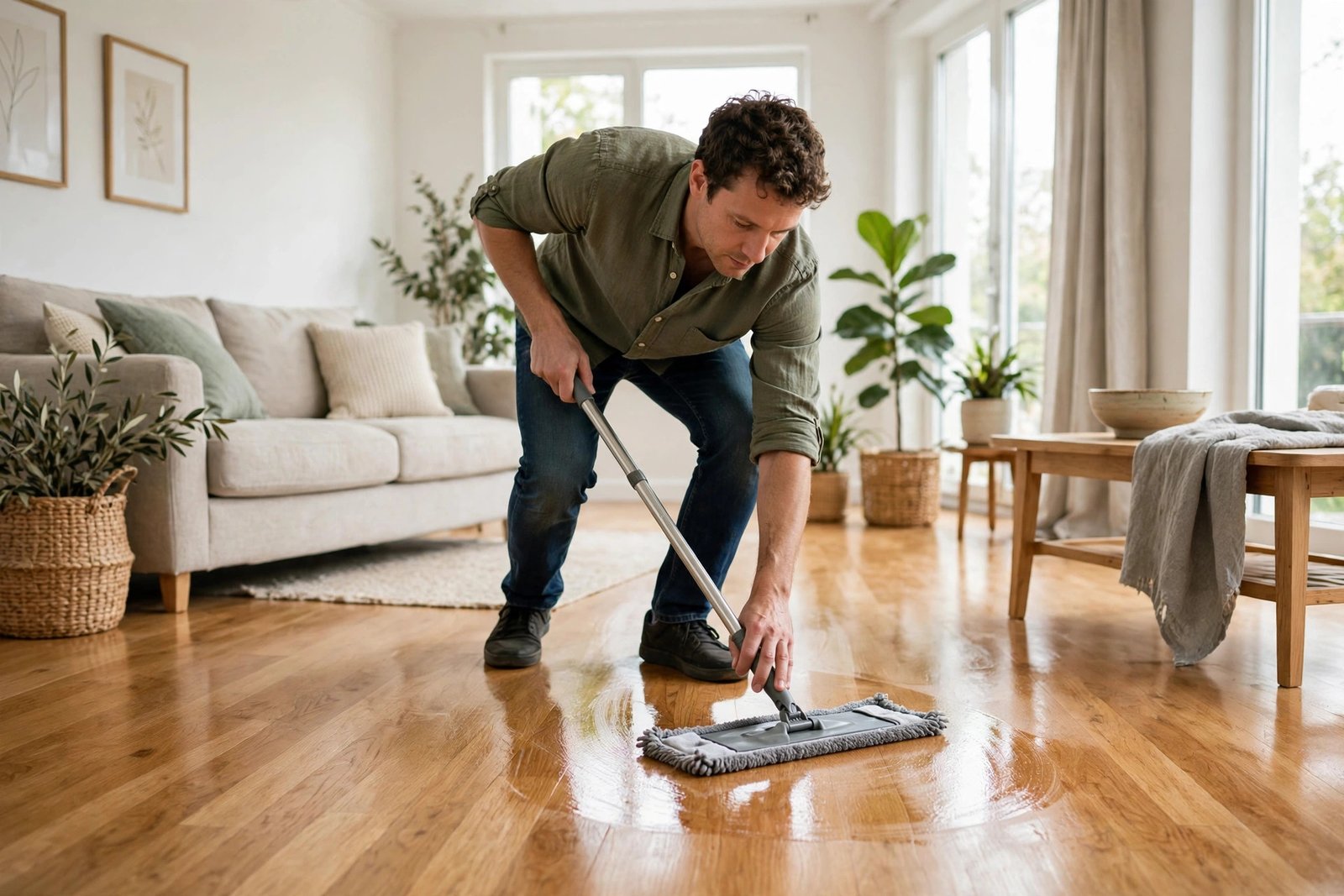 Person cleaning a gleaming oak hardwood floor with a damp microfiber flat mop in a bright living room