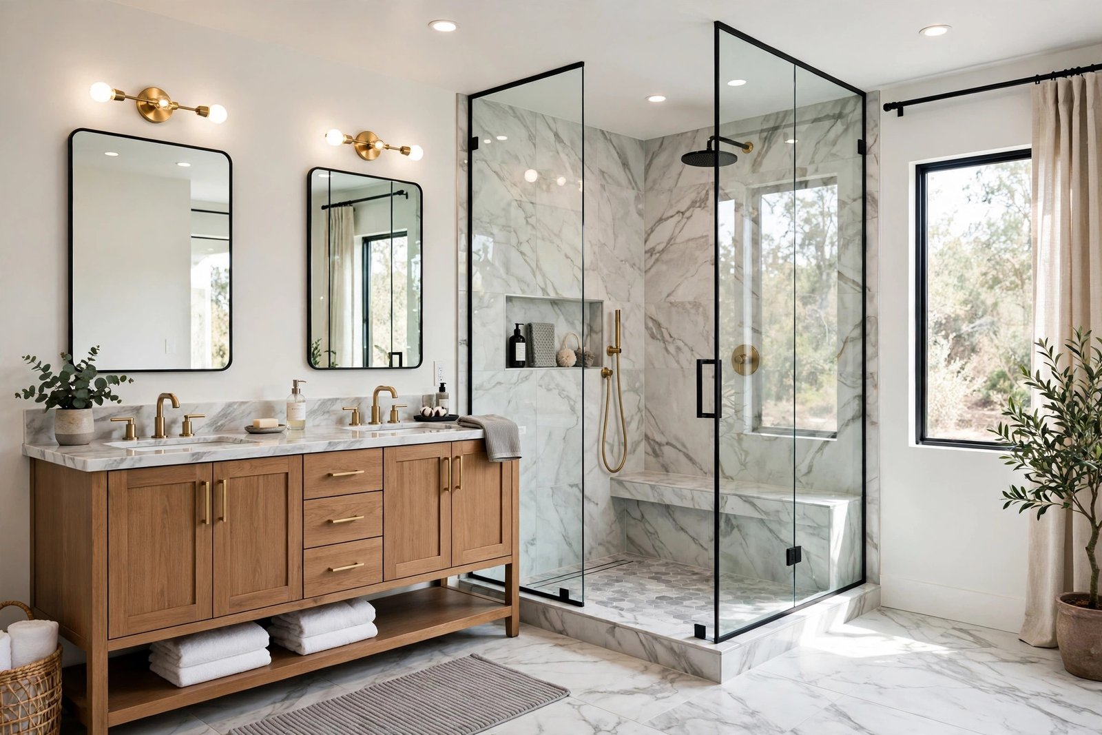 Newly remodeled modern bathroom with walk-in shower, double vanity and marble-look tile