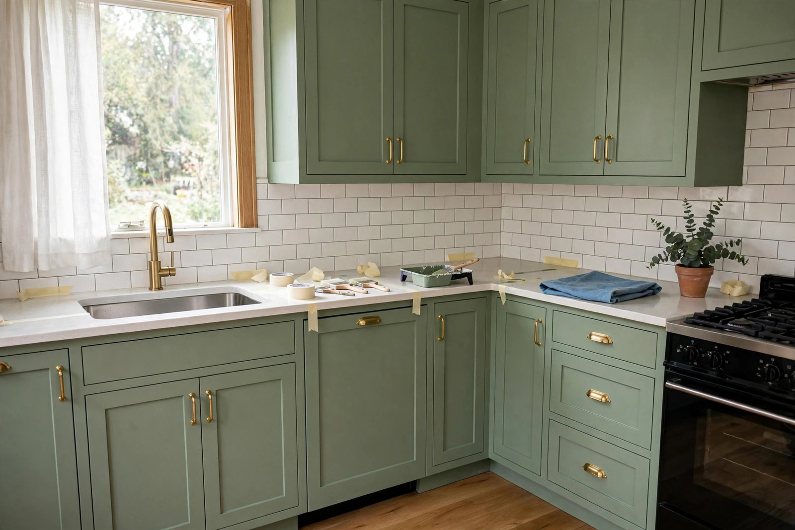 Freshly painted sage green kitchen cabinets with brass handles in a bright renovated kitchen