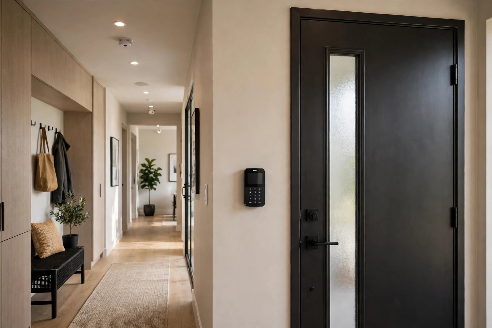 Modern home entryway with a sleek wireless alarm keypad mounted on the wall beside the front door and a motion sensor visible in the hallway