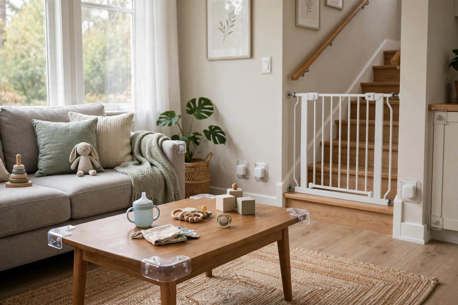 Baby-proofed living room with outlet covers, corner guards and secured furniture