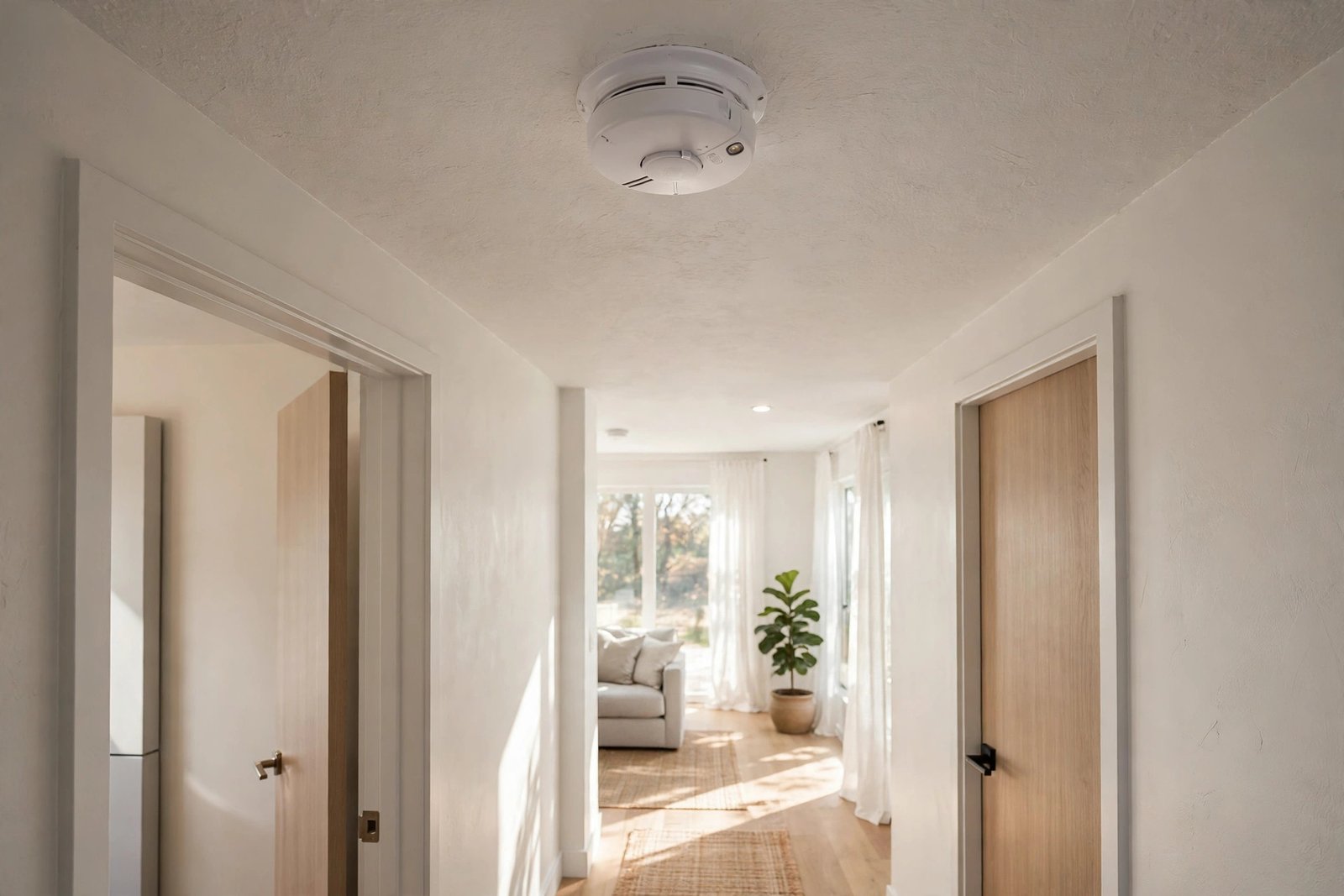 Smoke detector mounted on a hallway ceiling in a modern home