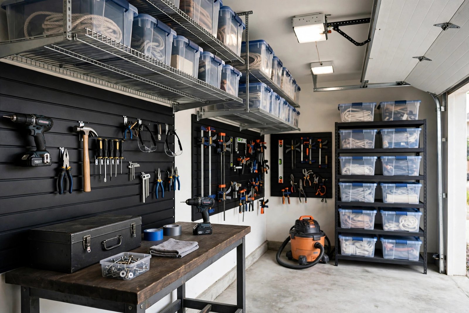 Organized garage with wall-mounted storage panels, overhead racks and labeled bins