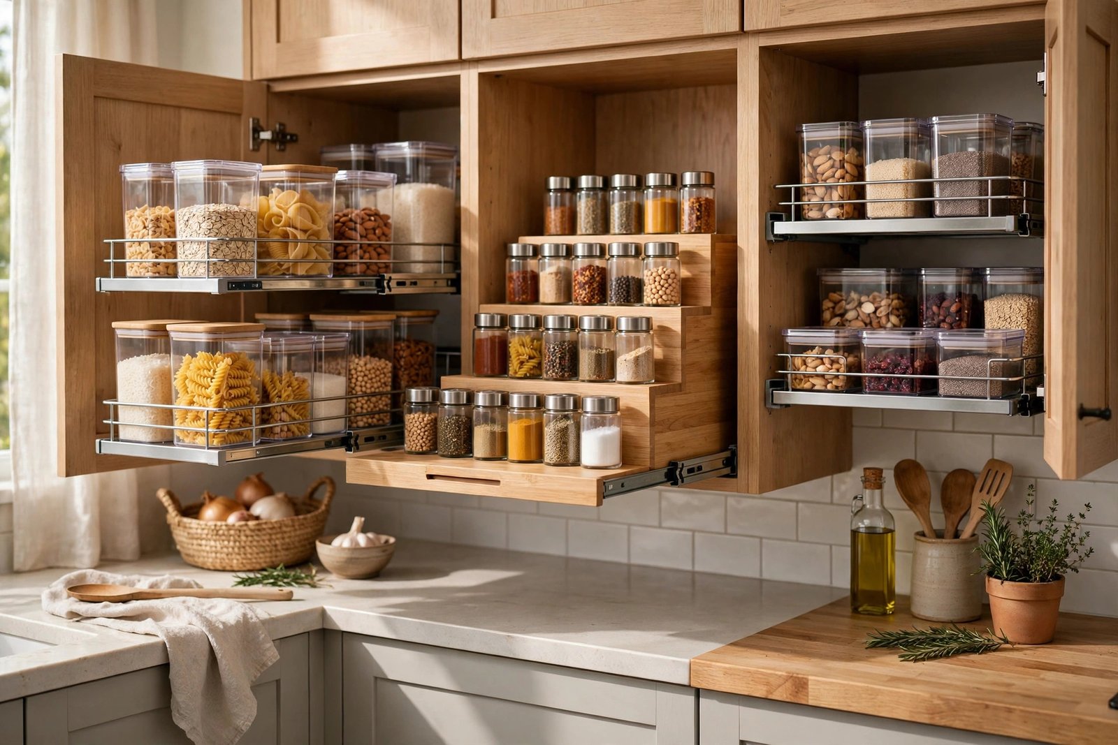 Neatly organized kitchen cabinets with pull-out organizers, spice risers and labeled containers