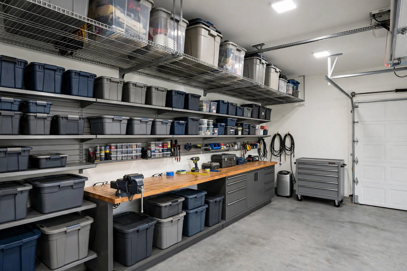 Well-organized two-car garage with labeled storage bins on wall-mounted shelves, overhead ceiling racks holding totes, and a clean workbench along the wall
