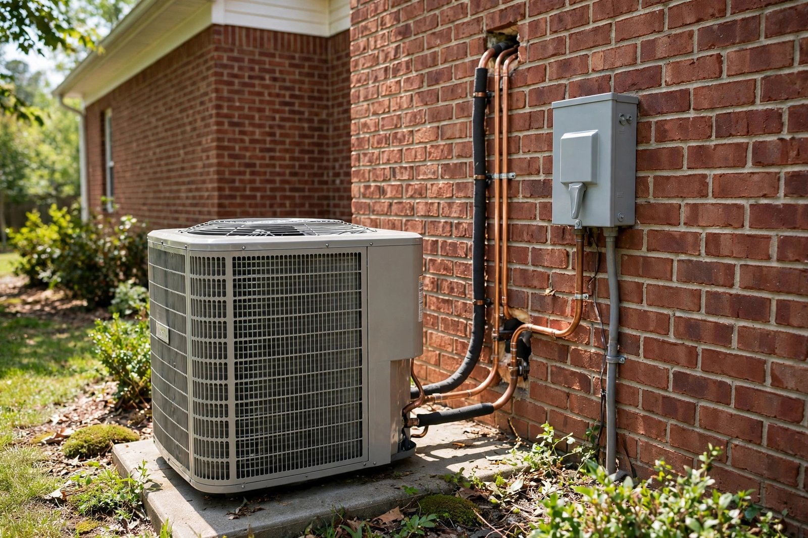 Outdoor air conditioner condenser unit beside a brick home with copper refrigerant lines and the electrical disconnect box visible in daylight