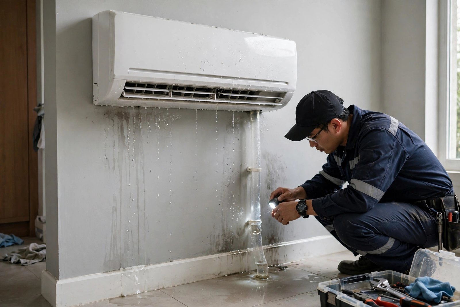 Air conditioner indoor unit with water dripping and a technician inspecting the condensate drain line