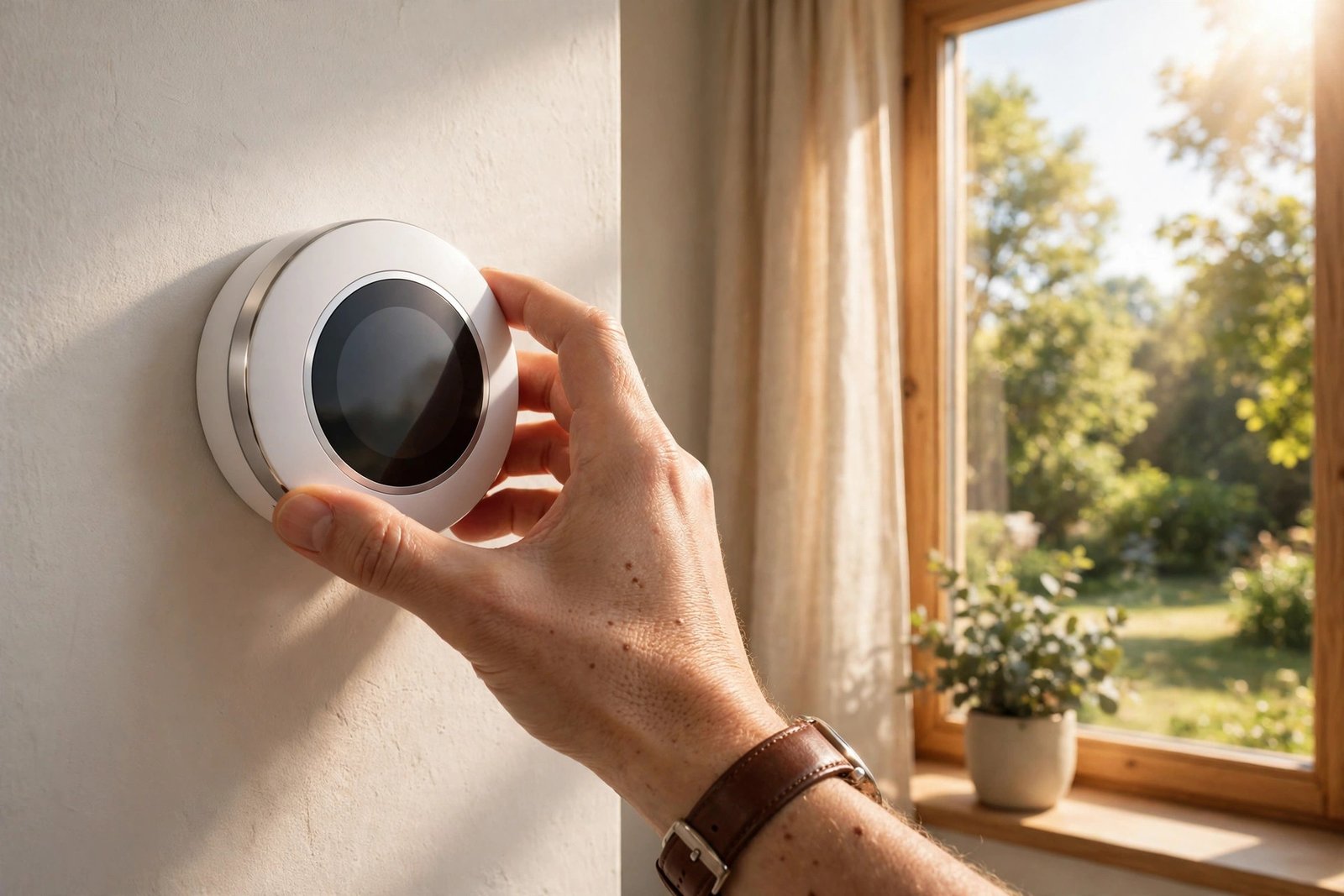 Hand adjusting a smart thermostat to 78 degrees on a warm summer day at home