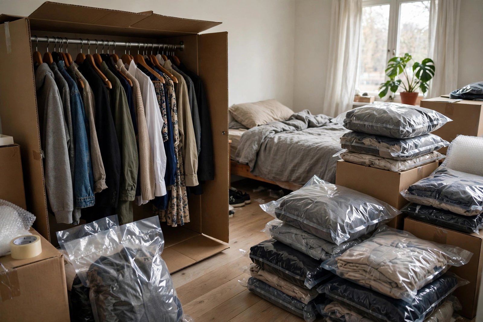 Clothes neatly packed in wardrobe boxes and vacuum bags ready for moving day