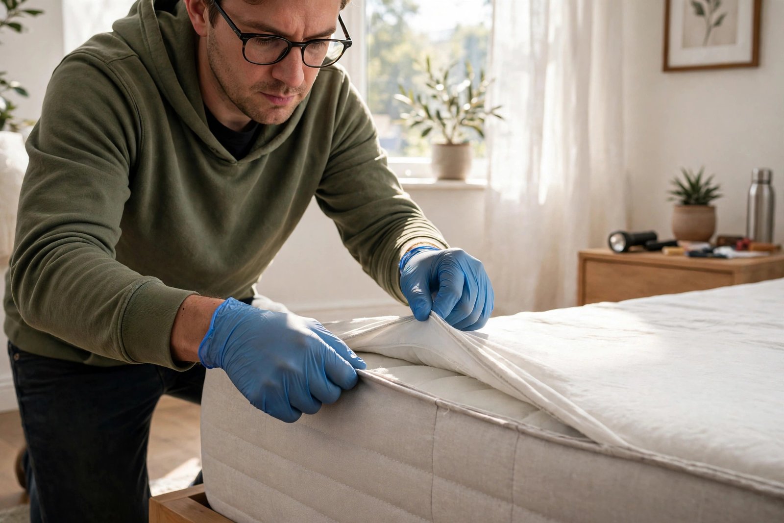 Close-up of a freshly made bed with white sheets, a mattress encasement and a flashlight used to inspect seams for bed bugs