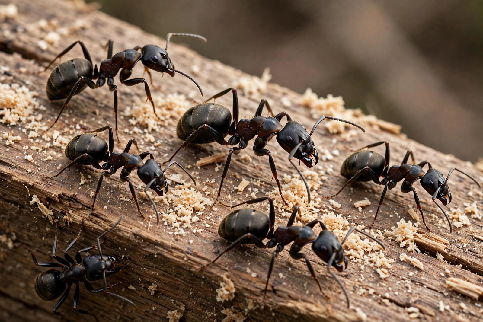 Close-up of carpenter ants on a wooden beam with signs of wood damage in a home