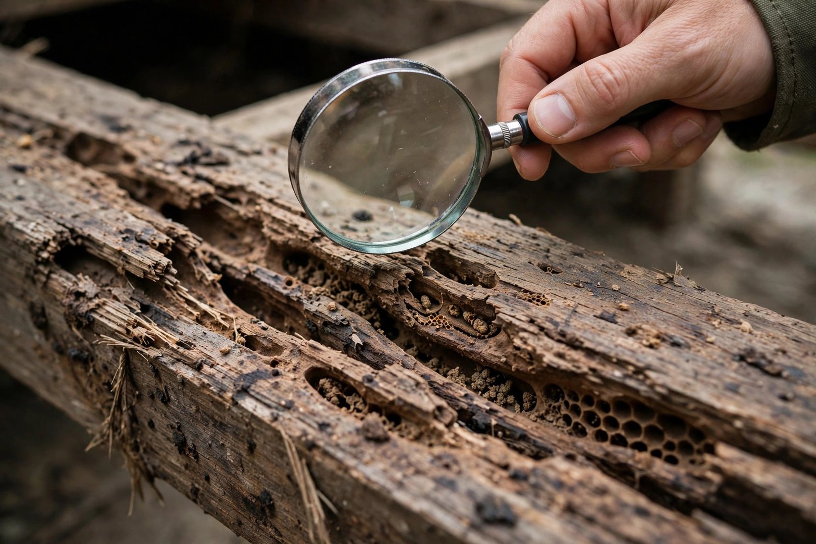 Close-up of a damaged wooden beam with visible termite tunnels and a hand holding a magnifying glass over the wood during a termite inspection