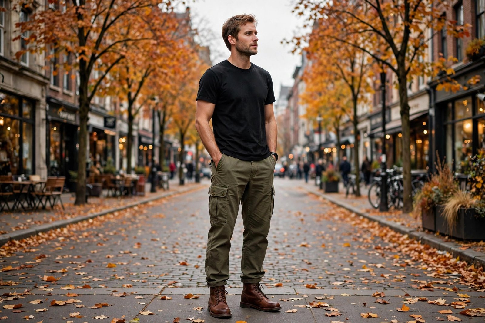 Man in olive cargo trousers with a black crew-neck T-shirt and brown leather boots on an autumn street