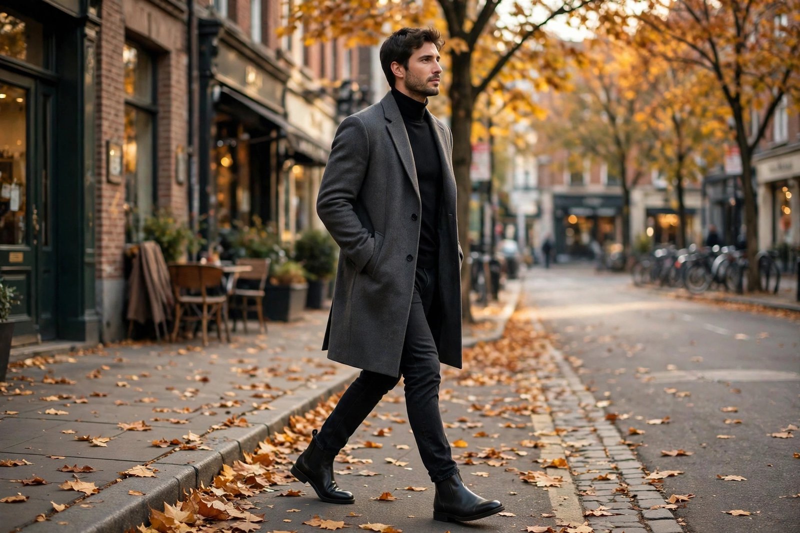 Man in black leather Chelsea boots with dark slim jeans and a charcoal overcoat walking on a city street in autumn light, photorealistic editorial fashion photography