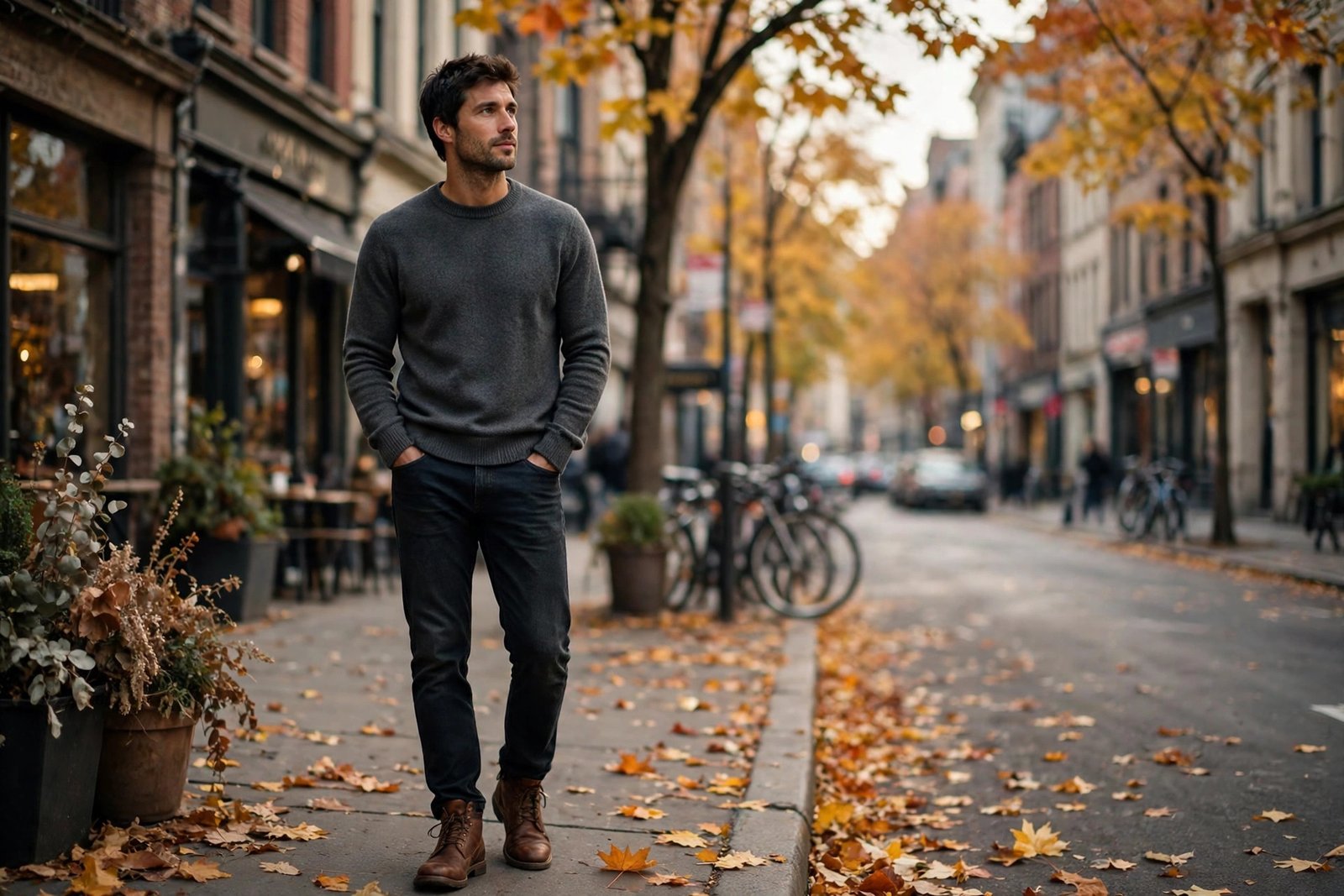 Man in a charcoal crew neck sweater with dark jeans and brown leather boots on a city street in soft autumn light, photorealistic editorial fashion photography