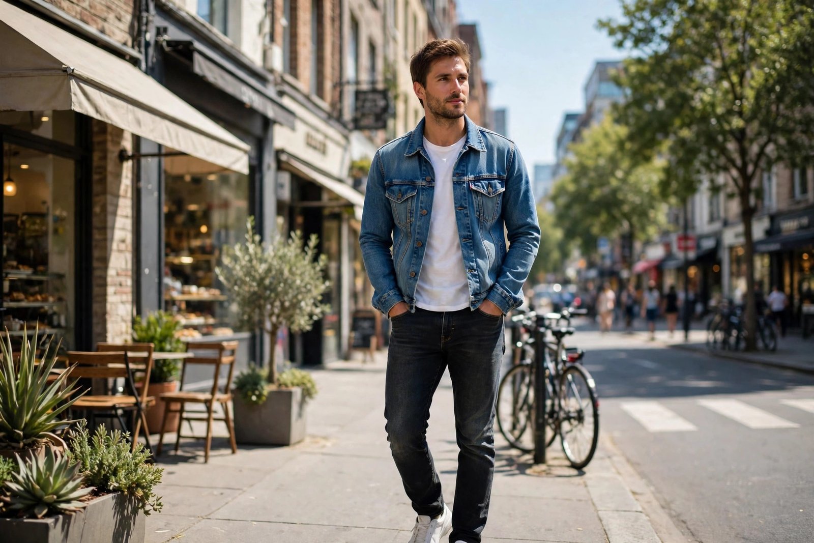 Man in a mid-blue denim trucker jacket over a white T-shirt with black jeans and white sneakers on a sunny city street, photorealistic editorial fashion photography