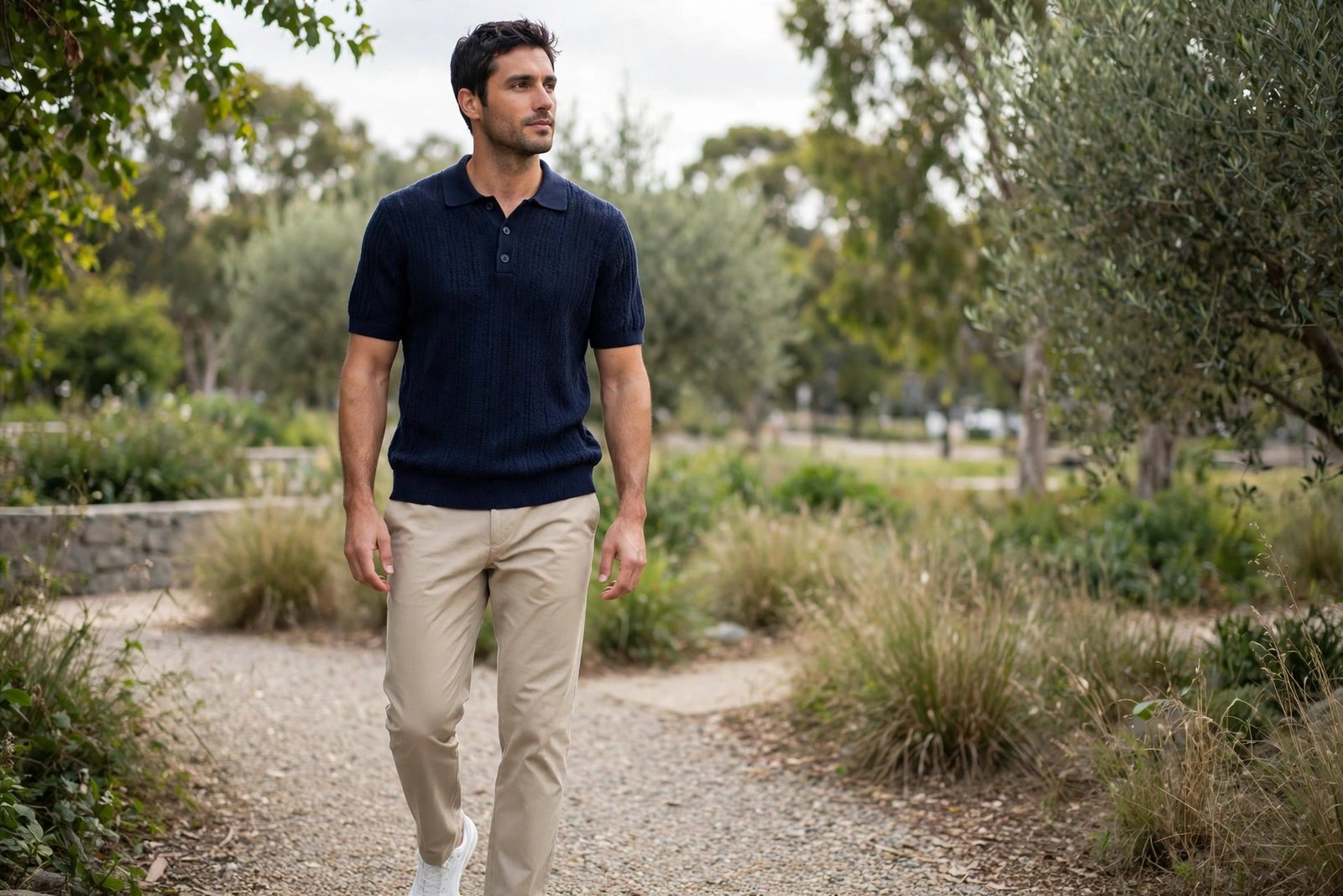 Man wearing a navy knitted polo shirt with beige chinos and white trainers, standing outdoors in soft daylight