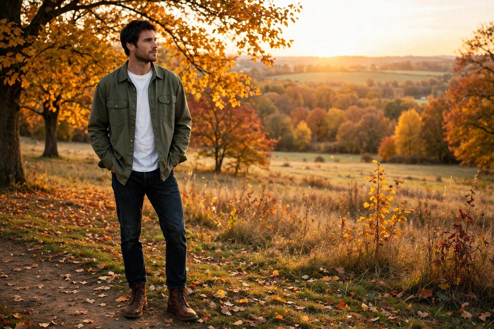 Man in an olive overshirt worn open over a white T-shirt with dark jeans and brown leather boots in golden autumn light, photorealistic editorial fashion photography