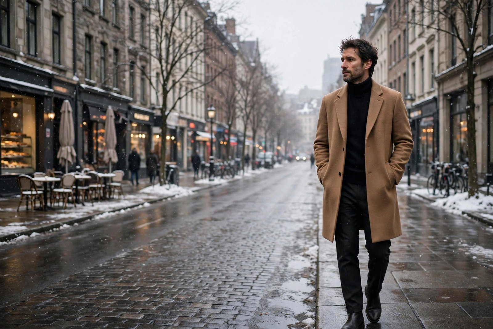 Man in a black fine-knit turtleneck under a camel wool overcoat with dark trousers on a winter city street