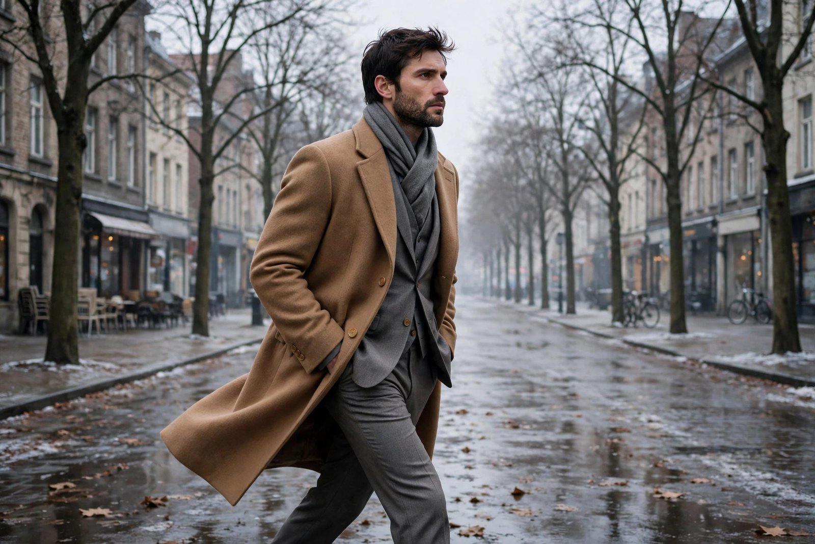 Man wearing a classic camel wool overcoat over a grey suit and scarf, walking on a cold winter street with bare trees, photorealistic editorial fashion photography