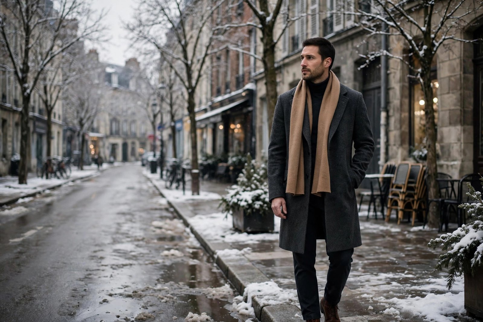 Man wearing a charcoal wool overcoat with a camel wool scarf draped around his neck, dark trousers and leather boots on a winter street