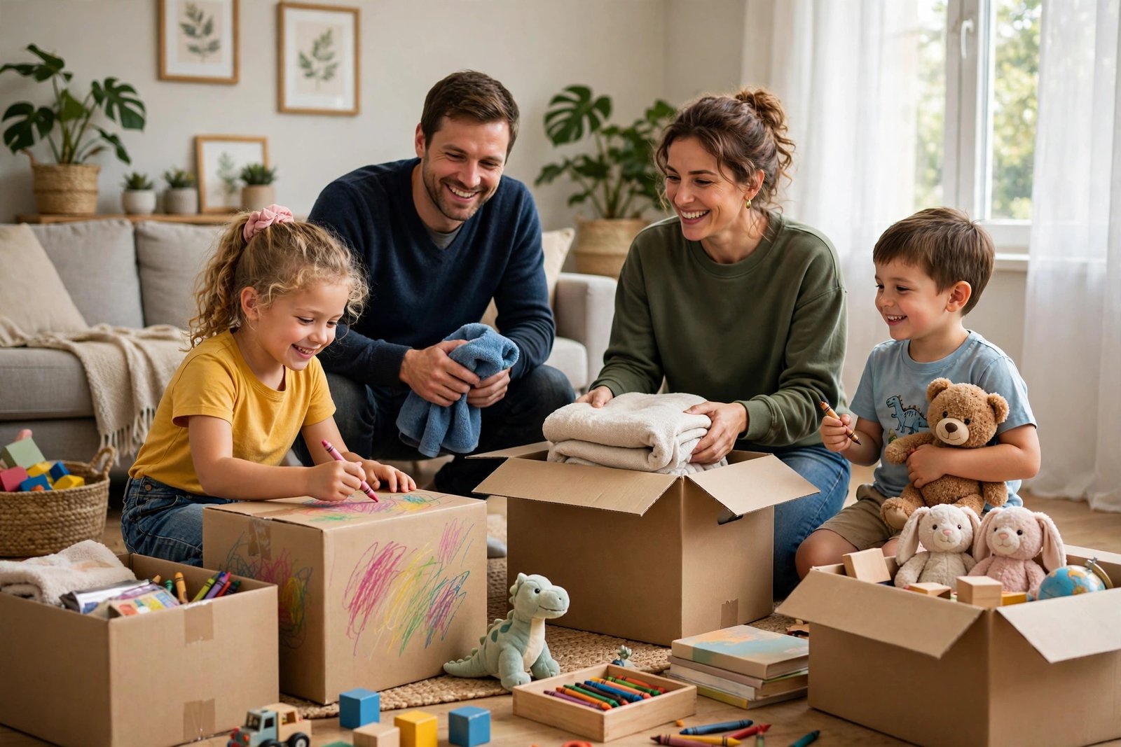 Happy children helping parents pack moving boxes in a bright living room, labelling a box with crayons, toys and books nearby, photorealistic family home photography