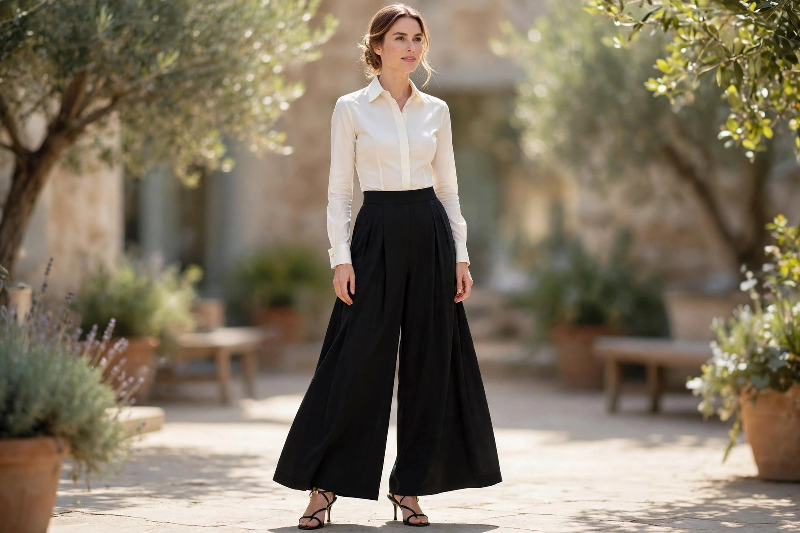 Woman in high-waisted black palazzo pants and a fitted ivory blouse with heeled sandals, standing in soft daylight, photorealistic editorial fashion photography