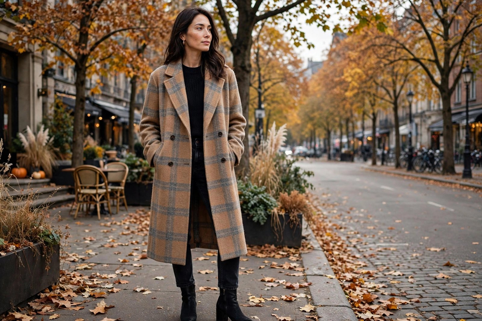 Woman in a camel and grey plaid wool coat over a black knit and dark jeans with ankle boots in autumn daylight, photorealistic editorial fashion photography