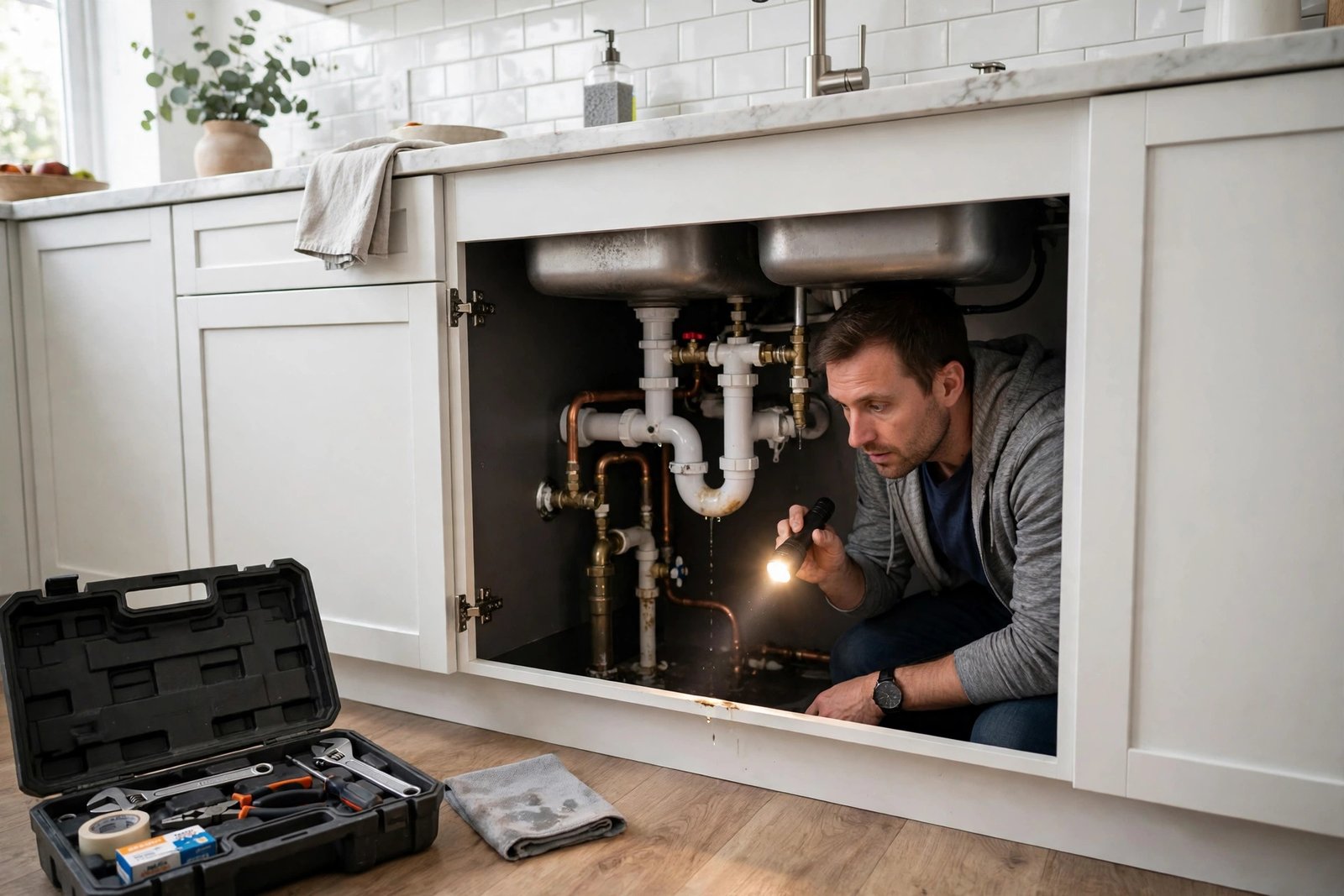 Homeowner inspecting under a kitchen sink with a torch, checking pipes for leaks, toolbox and cleaning cloth nearby, bright modern kitchen, photorealistic home maintenance photography