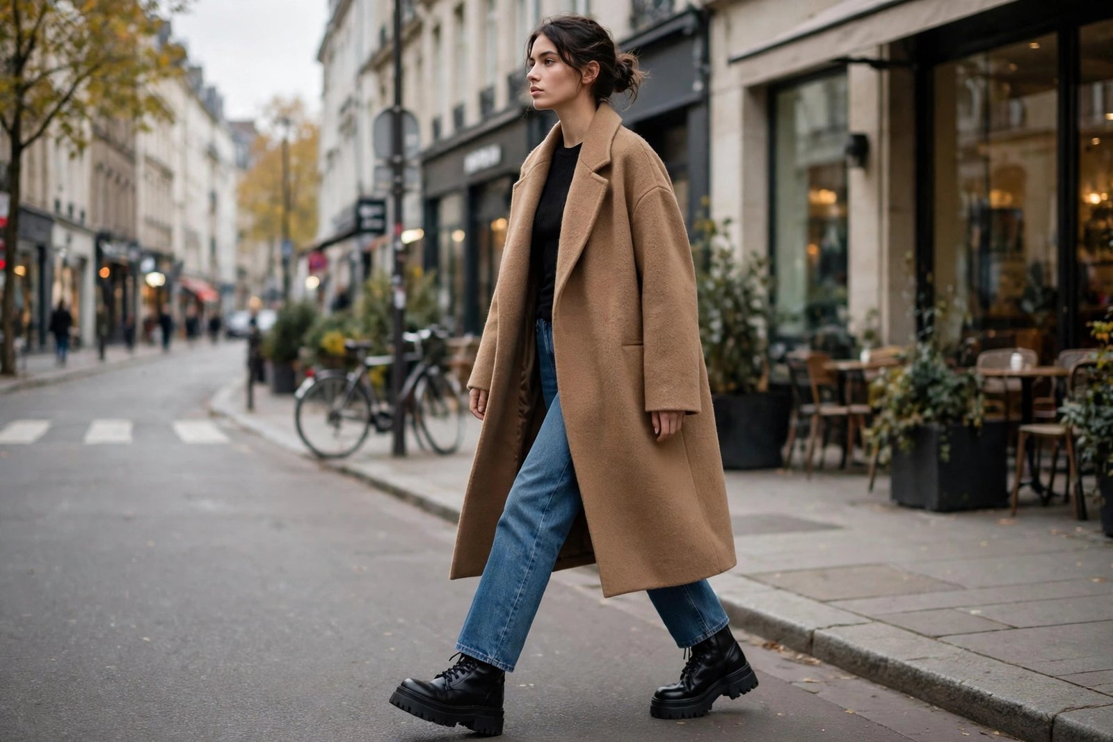 Anonymous model wearing an oversized camel wool coat open over a black fitted top, straight jeans and chunky boots on a city street