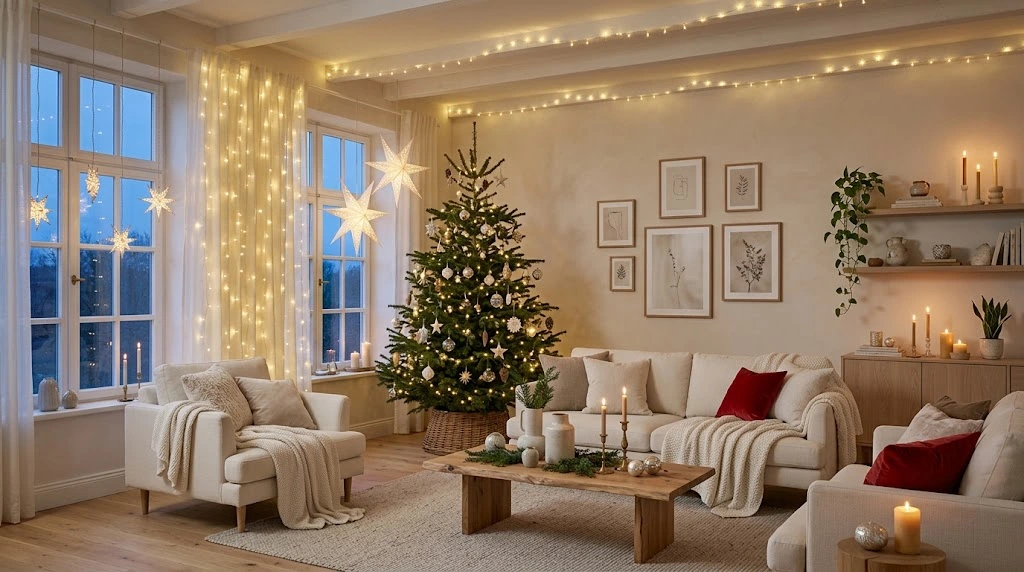 Christmas home light decoration inspiration using festive seasonal accents