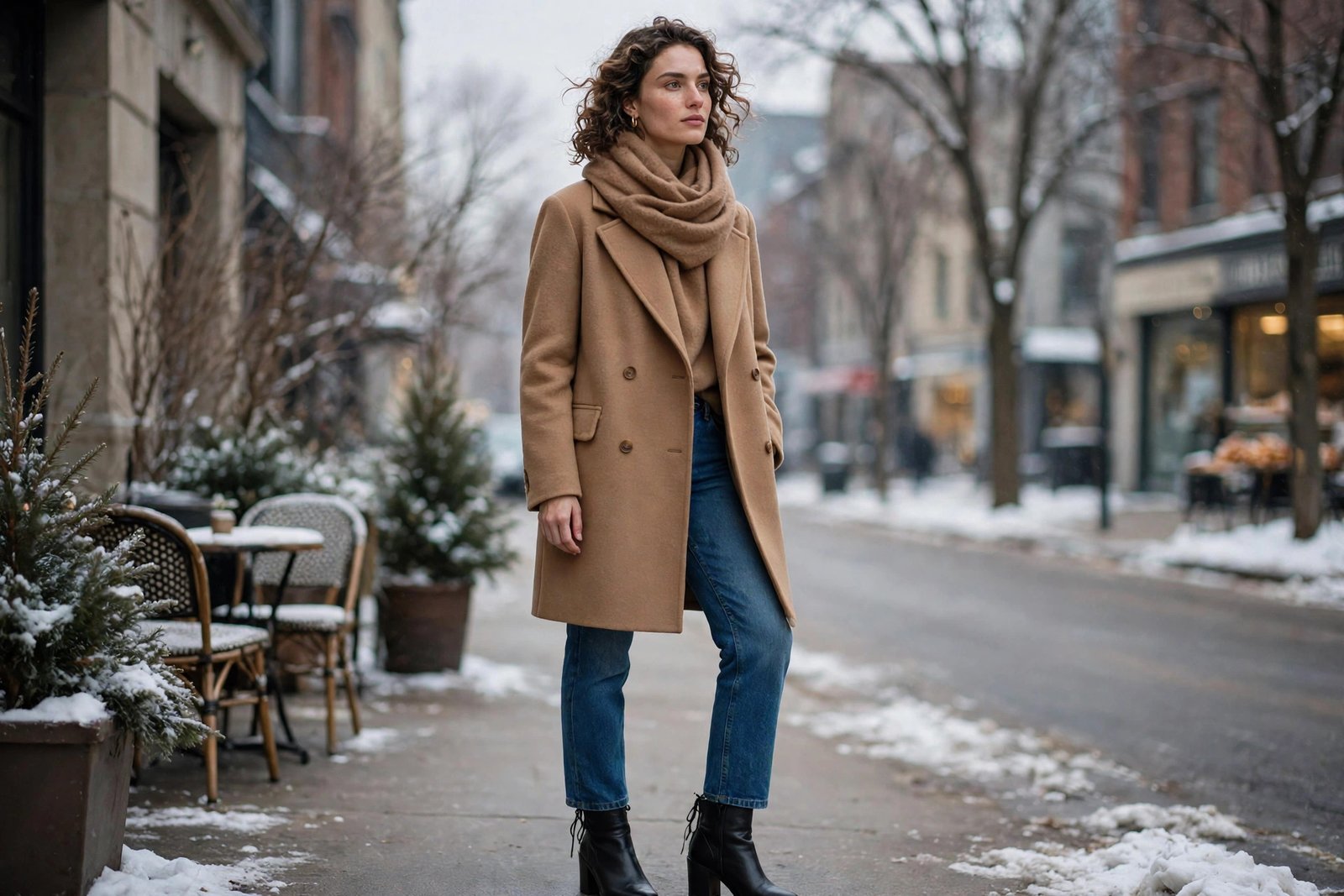 Woman wearing a camel scarf coat with the attached scarf wrapped around her neck, with jeans and ankle boots in winter, photorealistic editorial fashion photography