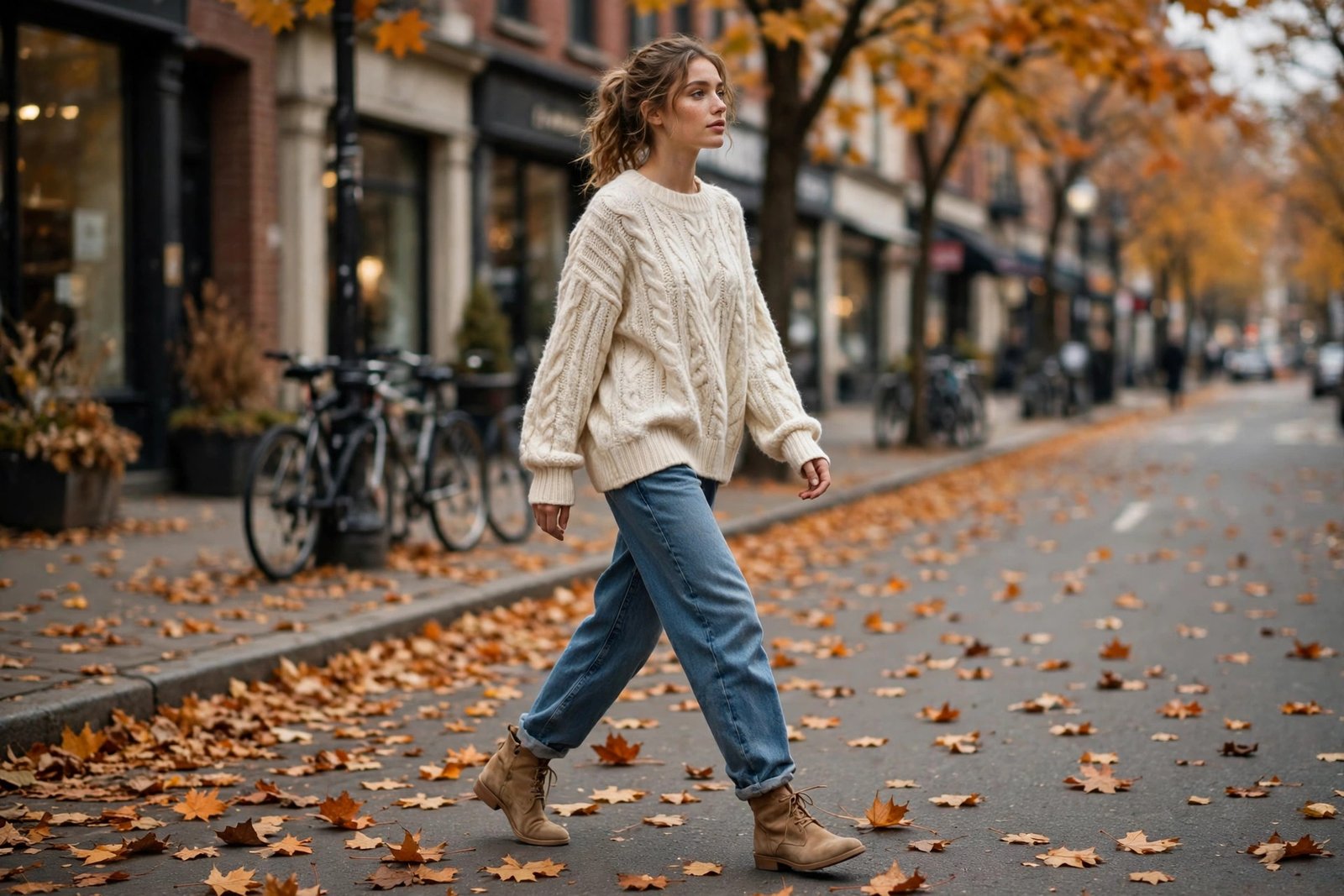 A woman in a soft oversized cream knit sweater, relaxed straight-leg jeans and tan ankle boots walking on an autumn street with fallen leaves