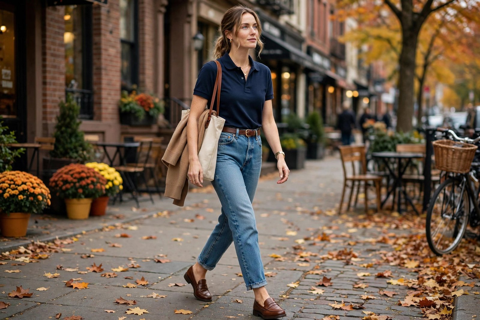 Woman styling a classic polo shirt with high-waisted jeans and loafers for a preppy fall outfit