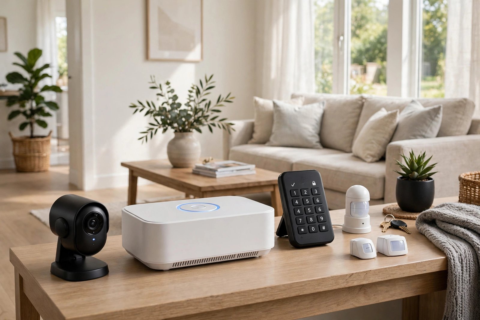 Modern home security system hub on a hallway table with a keypad, door sensor, motion sensor and indoor camera visible, bright living room, photorealistic home technology photography