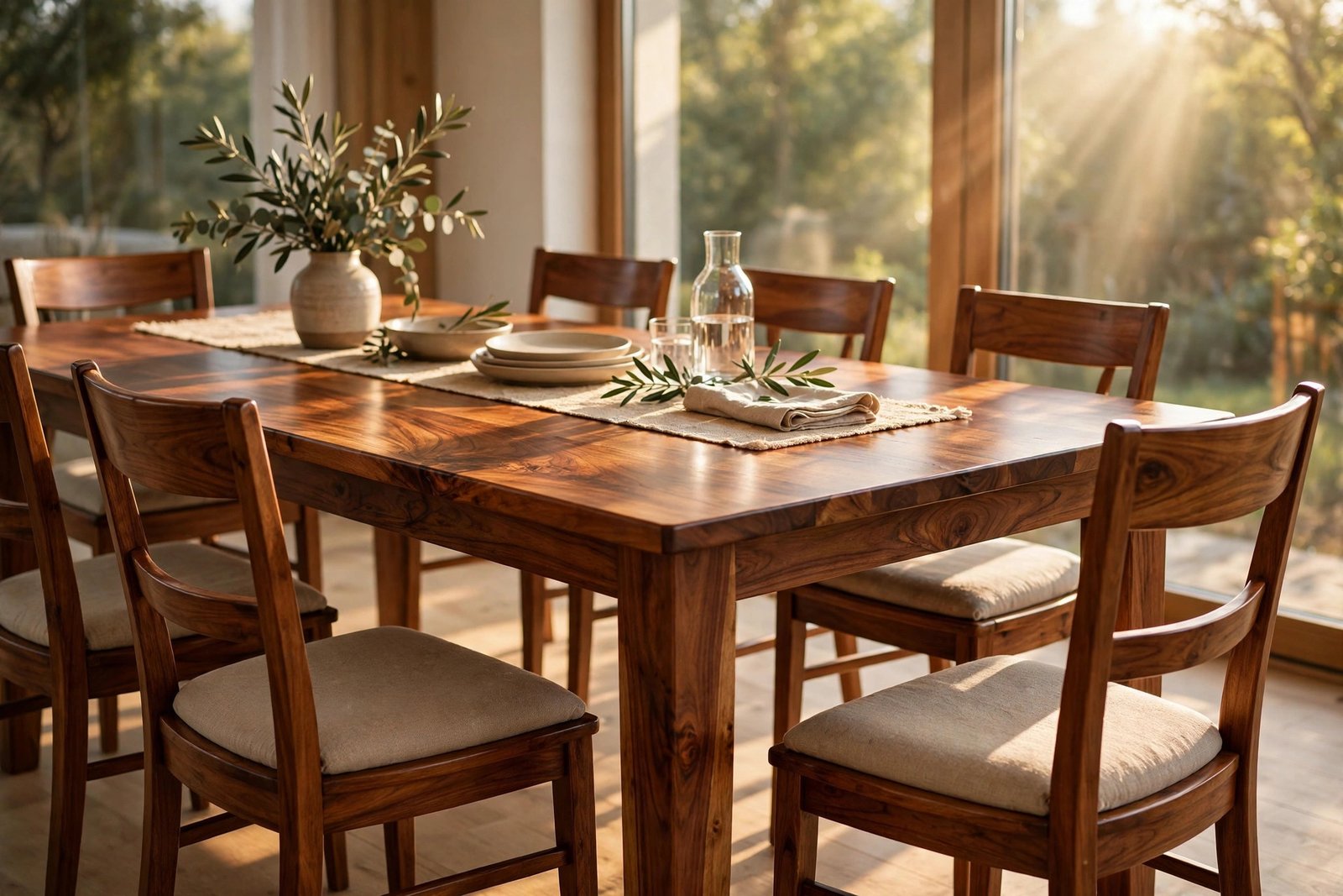 Photorealistic scene of a polished wooden dining table and chairs in warm sunlight, rich wood grain and a satin sheen, no text