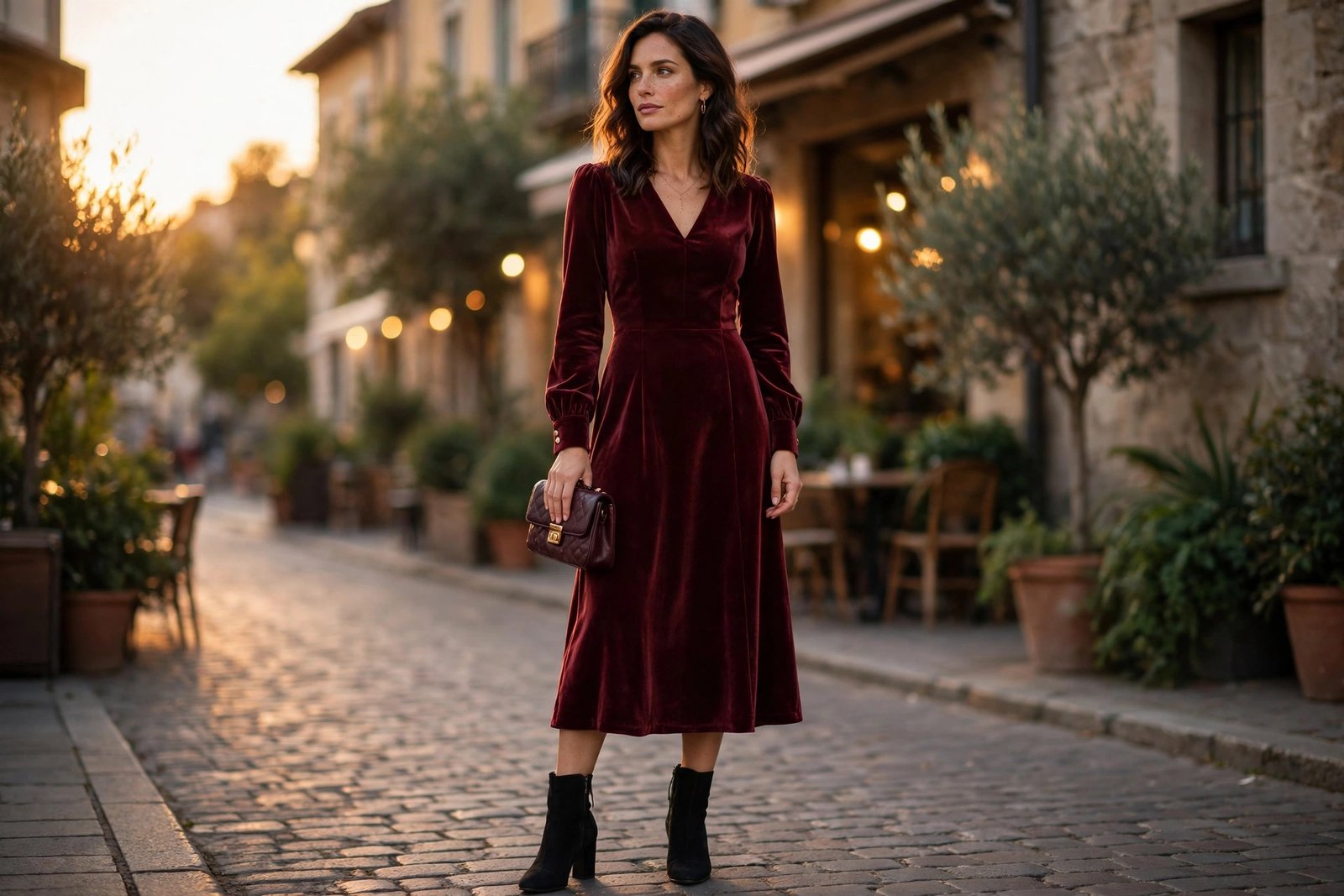 Woman in a burgundy velvet midi dress with heeled ankle boots and a small clutch in warm evening light, photorealistic editorial fashion photography
