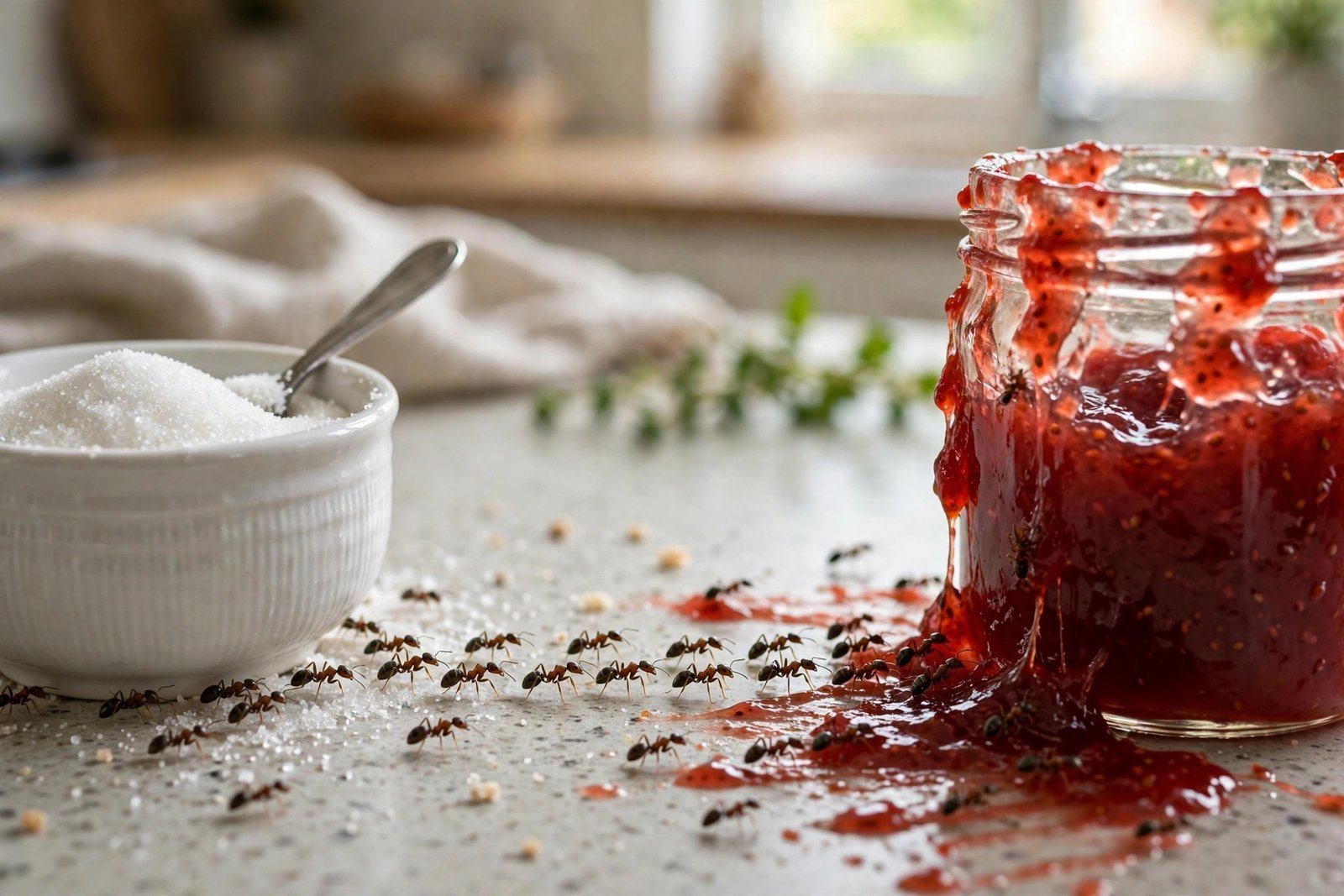 Close-up trail of small ants on a kitchen counter near a sugar bowl and a sticky jam jar, bright home kitchen, photorealistic household photography