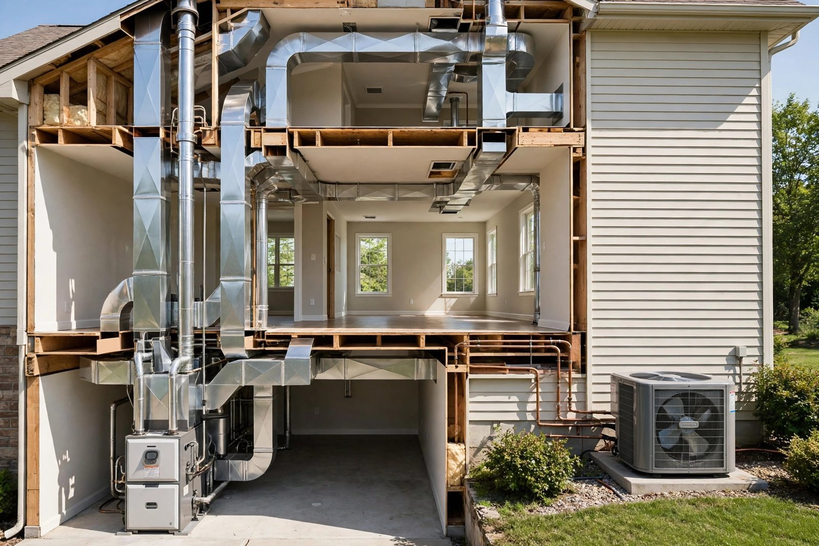 Diagram-style photo of a home heating and cooling system with labeled furnace, air conditioner and ventilation ducts, clean bright infographic photography