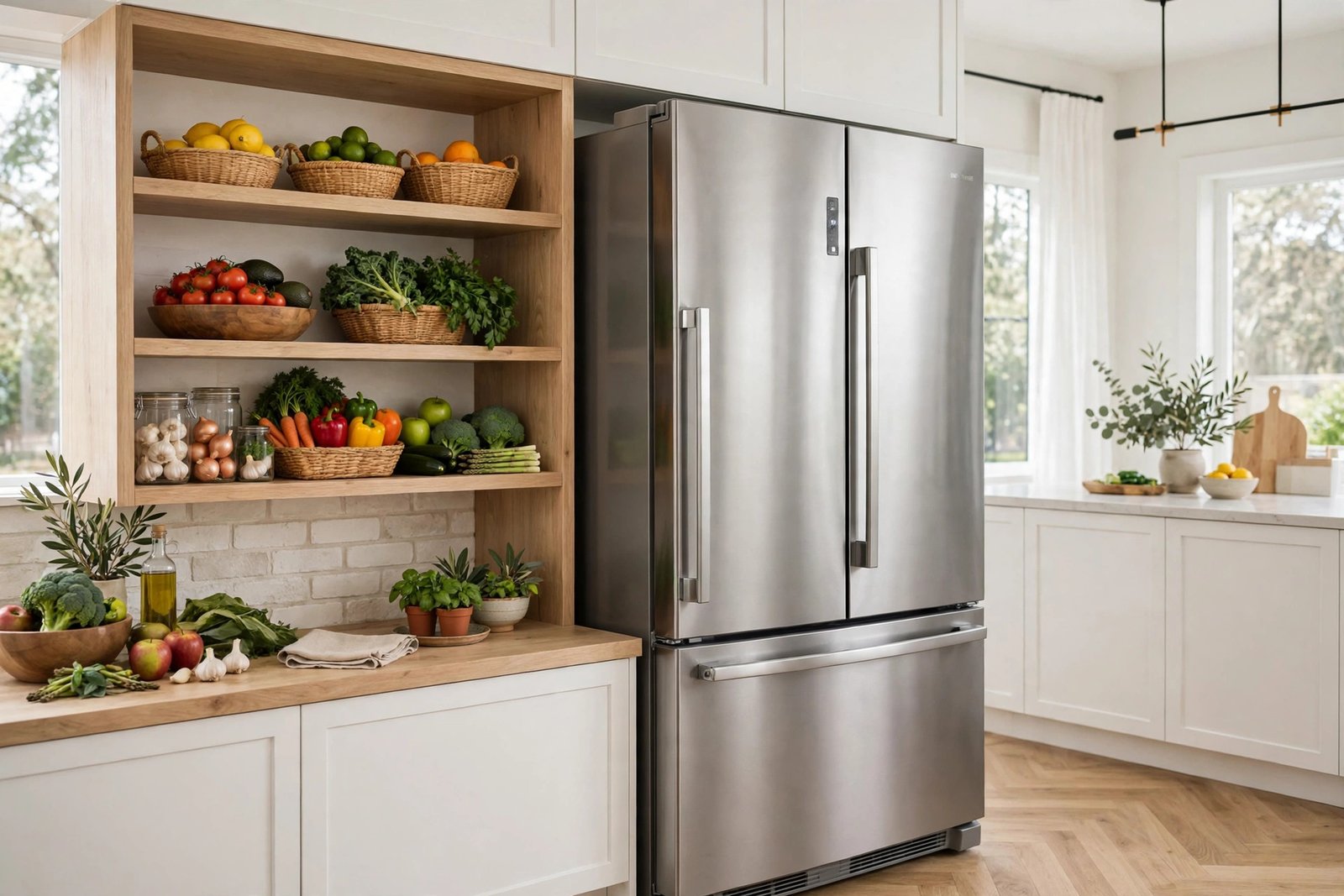 Modern stainless steel refrigerator in a bright contemporary kitchen, doors closed, fresh food visible through an open door on one side, photorealistic home appliance photography