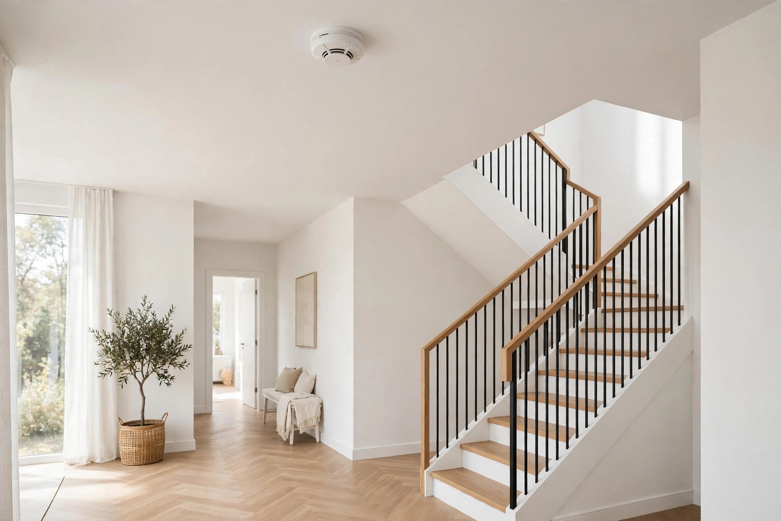 White ceiling-mounted smoke detector in a bright modern hallway with a staircase and soft daylight