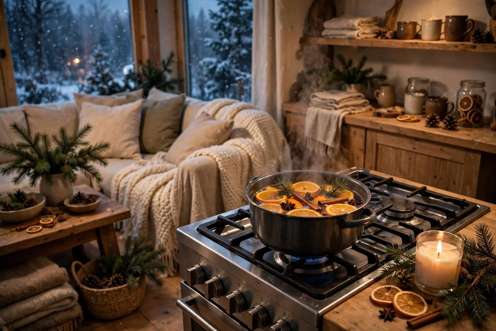 A warm winter living room with a lit scented candle, a simmering pot of oranges and cinnamon on the stove, pine branches and soft evening light