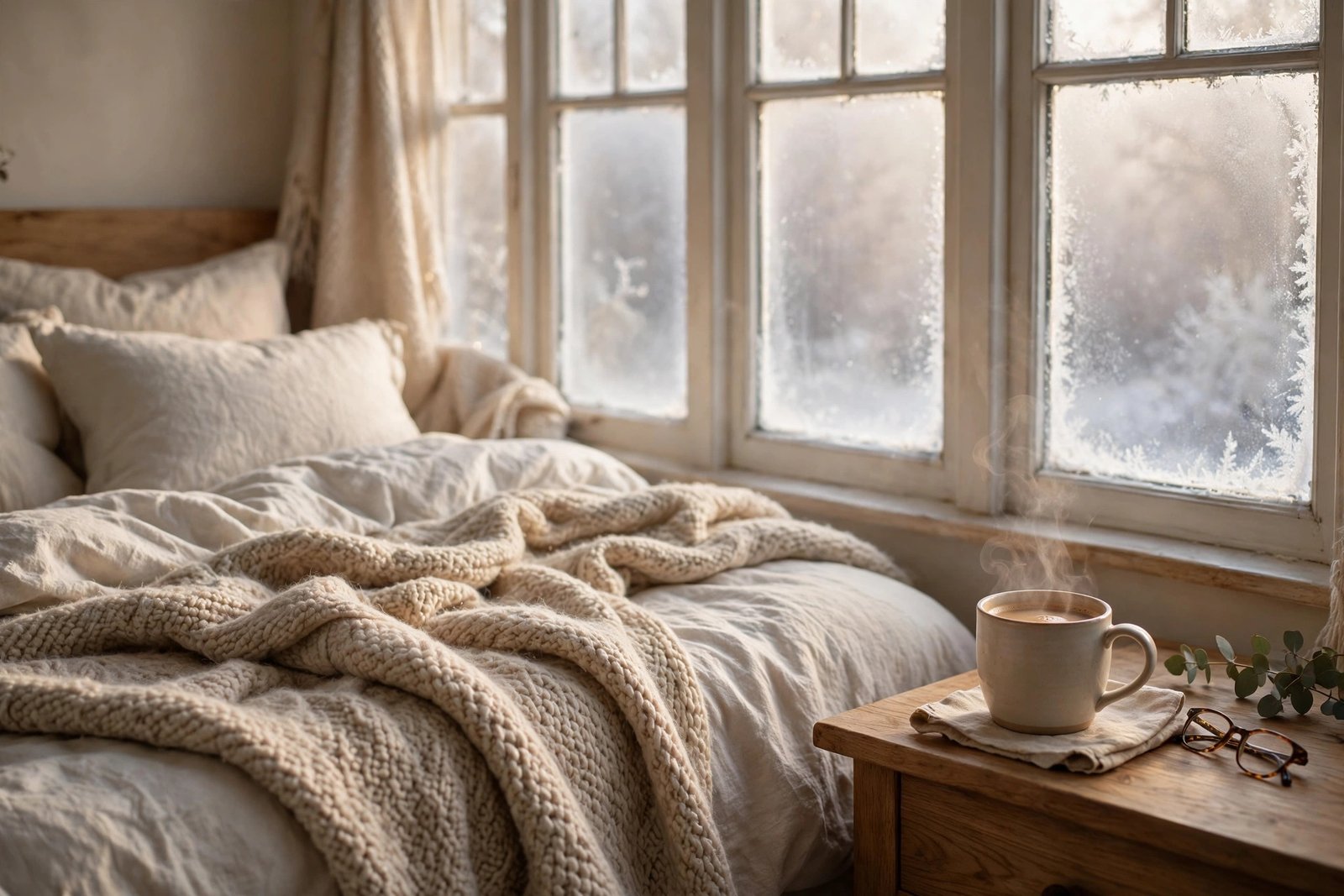 A cosy winter morning scene with a warm bedroom, soft blankets, a steaming mug of coffee on a bedside table and gentle morning light through frosted windows