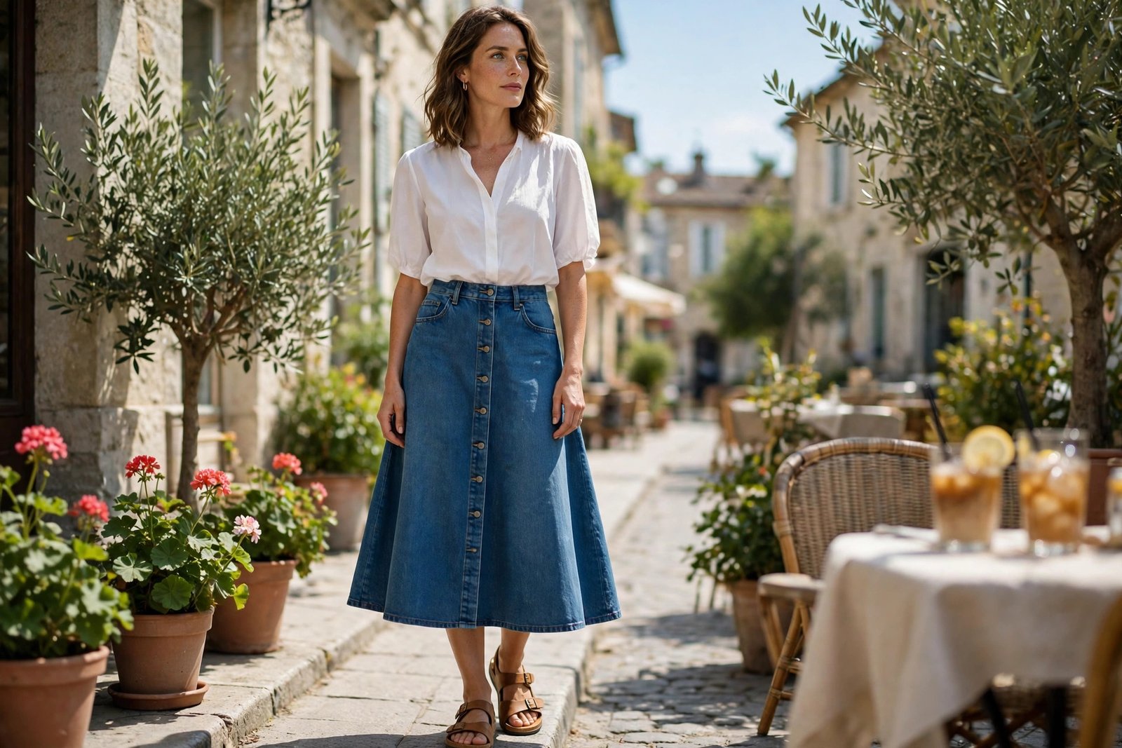 Woman wearing a mid-blue denim A-line midi skirt with a white blouse tucked in and tan leather sandals, in bright daylight